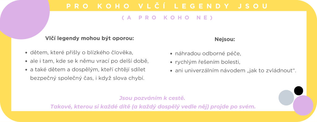 Pro koho Vlčí legendy jsou – a pro koho ne Vlčí legendy mohou být oporou: dětem, které přišly o blízkého člověka, ale i tam, kde se k němu vrací po delší době, a také dětem a dospělým, kteří chtějí sdílet bezpečný společný čas, i když slova chybí. Nejsou: náhradou odborné péče, rychlým řešením bolesti, ani univerzálním návodem „jak to zvládnout“. Jsou pozváním k cestě. Takové, kterou si každé dítě (a každý dospělý vedle něj) projde po svém.